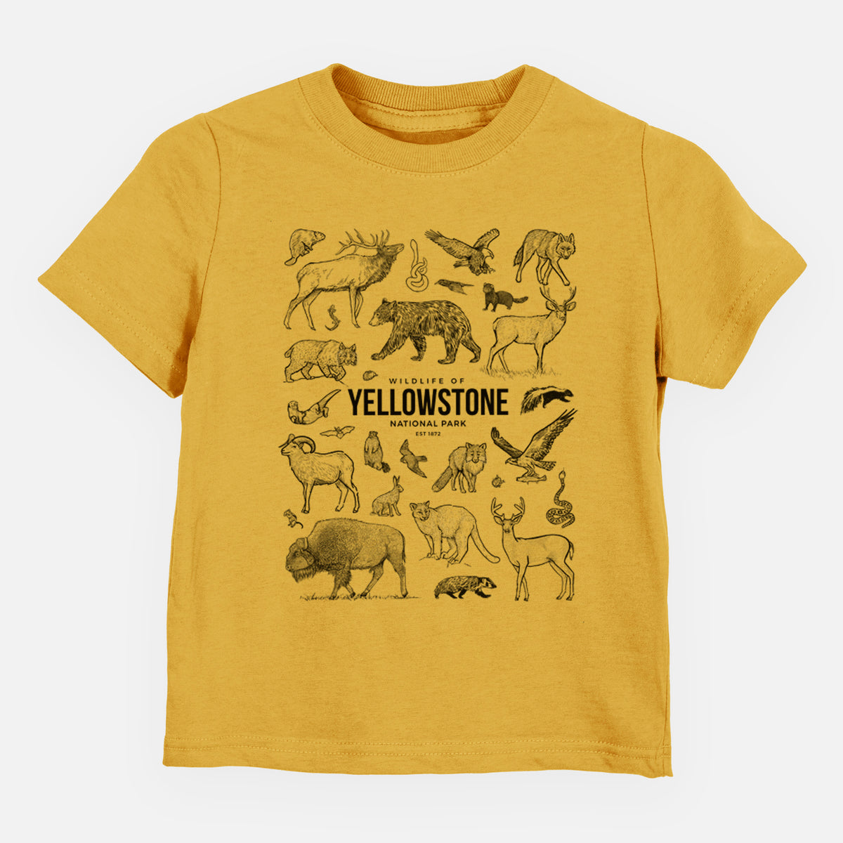 Honeycomb yellow toddler t-shirt laid flat, printed with a collection of black ink wildlife illustrations surrounding the words Yellowstone National Park.