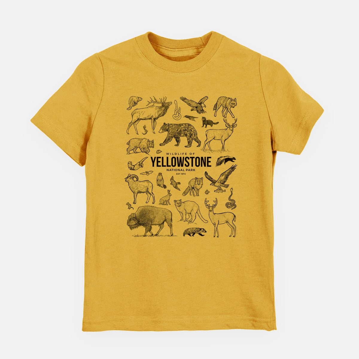 Honeycomb yellow youth t-shirt laid flat, printed with a collection of black ink wildlife illustrations surrounding the words Yellowstone National Park.