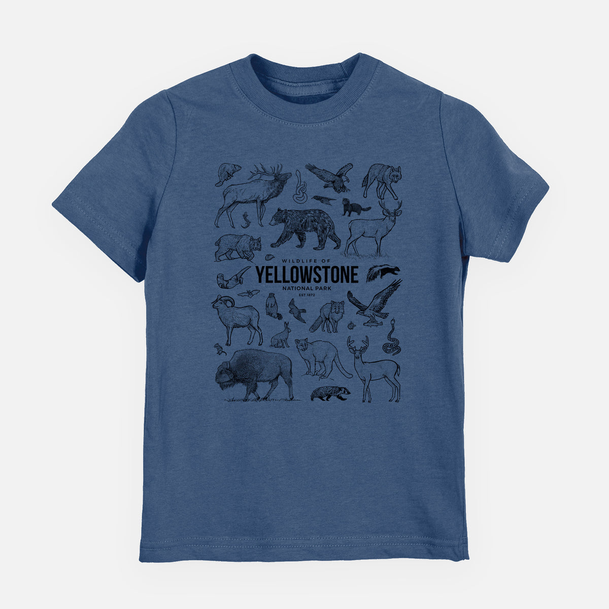 Indigo blue youth t-shirt laid flat, printed with a collection of black ink wildlife illustrations surrounding the words Yellowstone National Park.
