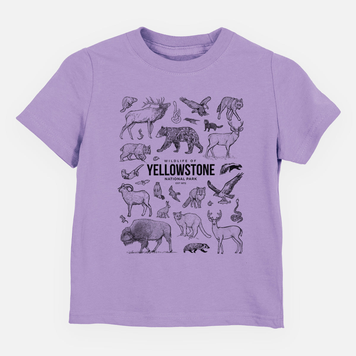 Lavender toddler t-shirt laid flat, printed with a collection of black ink wildlife illustrations surrounding the words Yellowstone National Park.