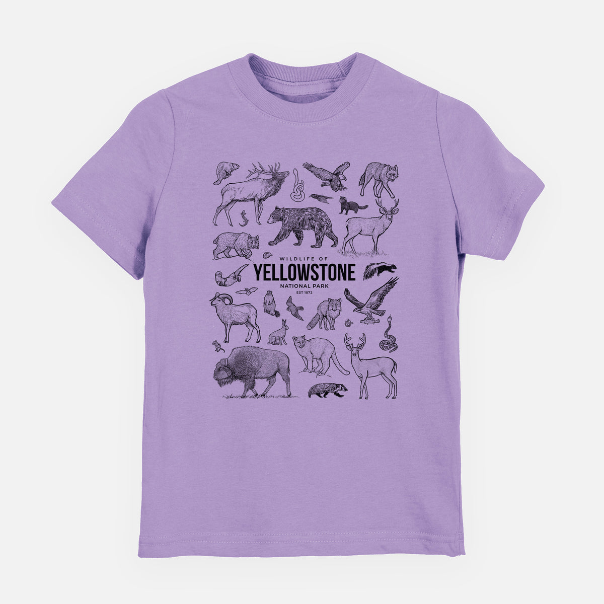 Lavender youth t-shirt laid flat, printed with a collection of black ink wildlife illustrations surrounding the words Yellowstone National Park.