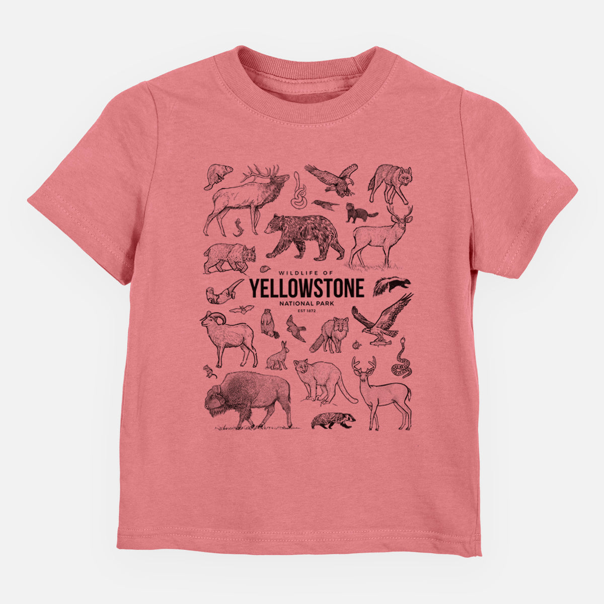 Mauve pink toddler t-shirt laid flat, printed with a collection of black ink wildlife illustrations surrounding the words Yellowstone National Park.