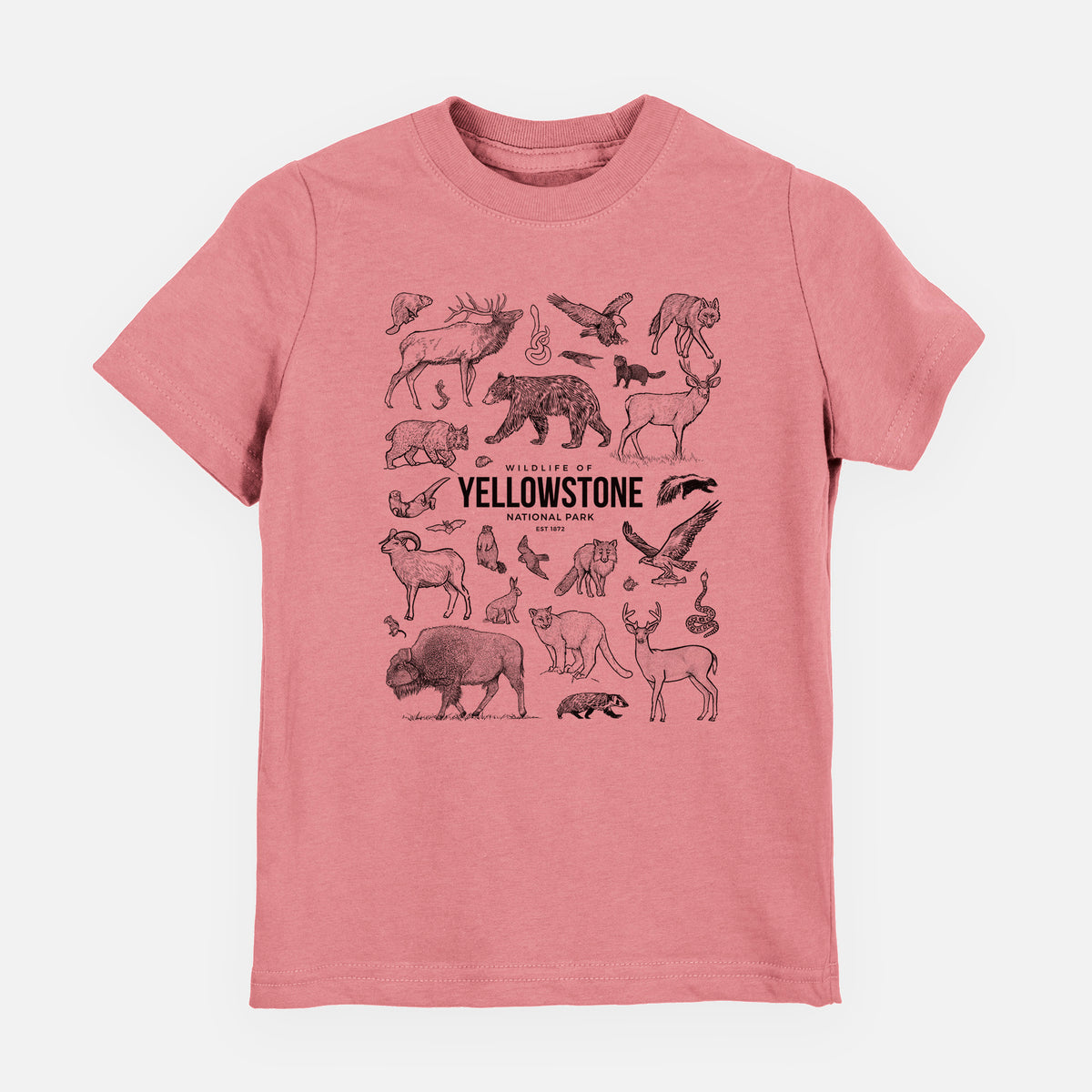 Mauve pink youth t-shirt laid flat, printed with a collection of black ink wildlife illustrations surrounding the words Yellowstone National Park.