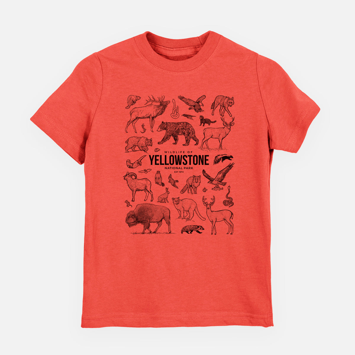 Passionfruit pink youth t-shirt laid flat, printed with a collection of black ink wildlife illustrations surrounding the words Yellowstone National Park.