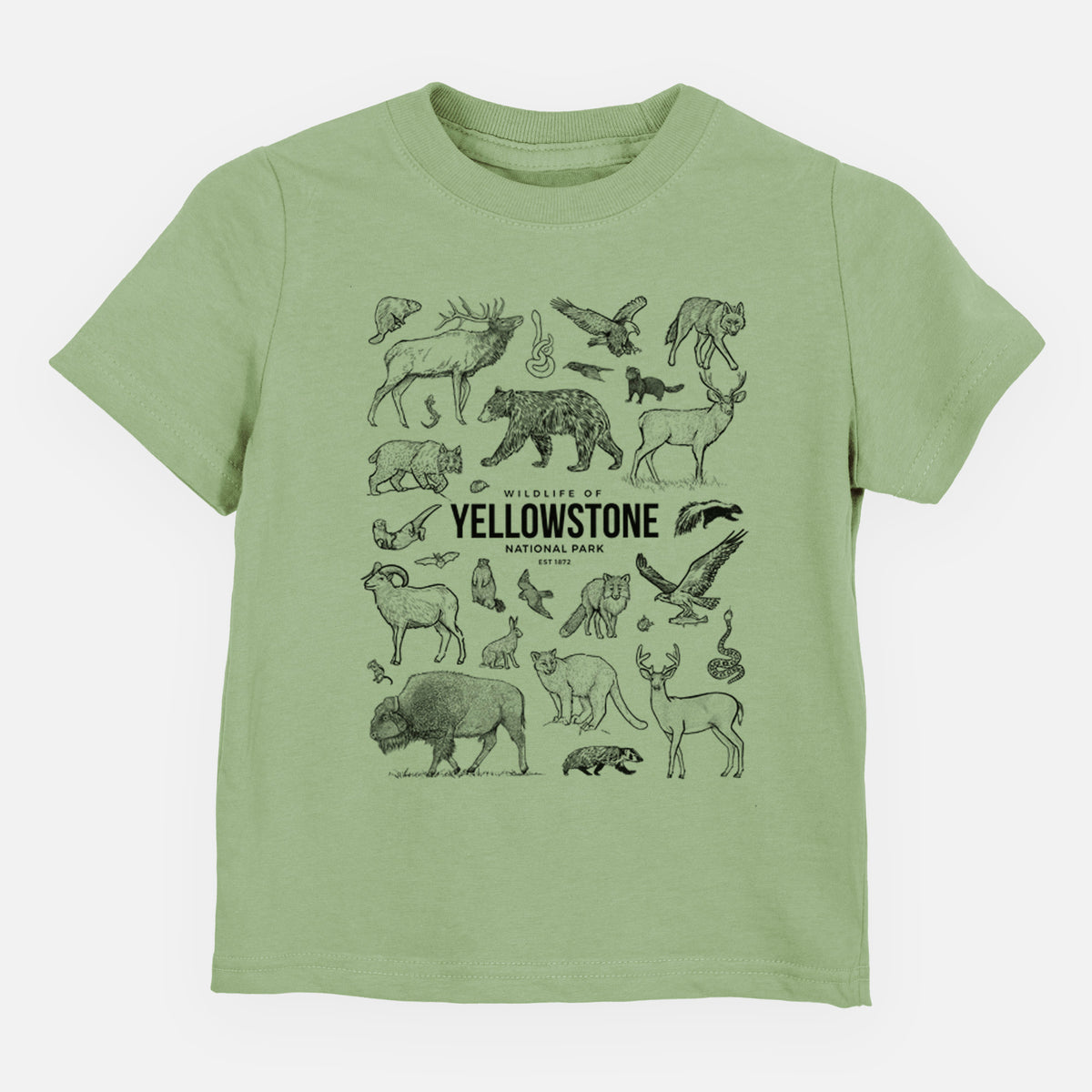 Sage green toddler t-shirt laid flat, printed with a collection of black ink wildlife illustrations surrounding the words Yellowstone National Park.