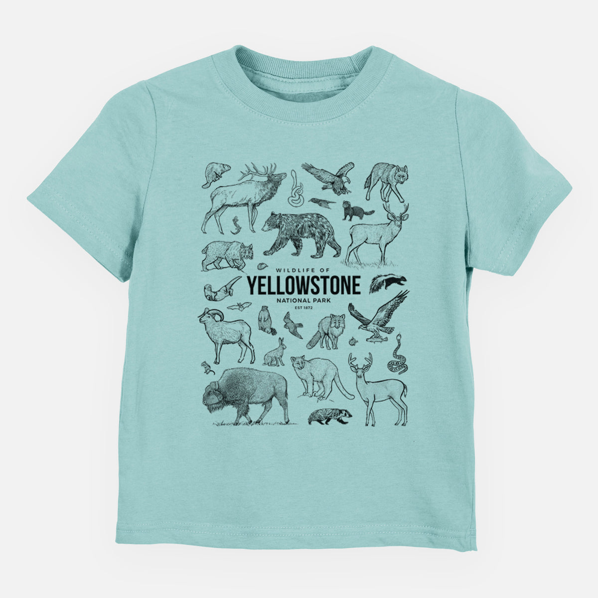 Saltwater toddler t-shirt laid flat, printed with a collection of black ink wildlife illustrations surrounding the words Yellowstone National Park.