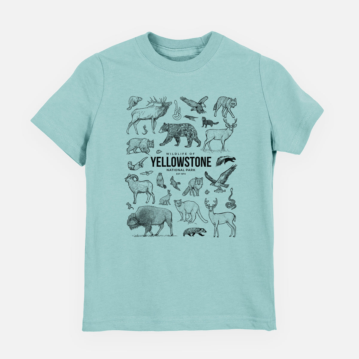 Saltwater youth t-shirt laid flat, printed with a collection of black ink wildlife illustrations surrounding the words Yellowstone National Park.
