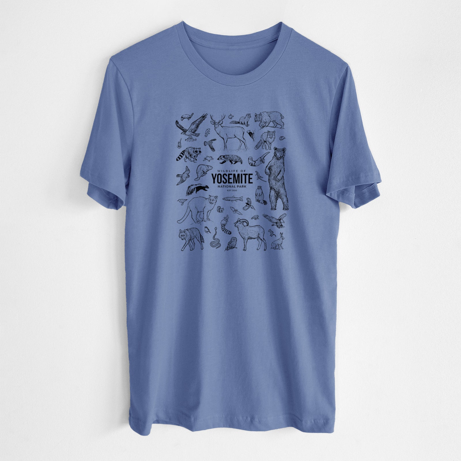 Blue bell lightweight cotton t-shirt laid flat, printed with a collection of black ink wildlife illustrations surrounding the words Yosemite National Park.