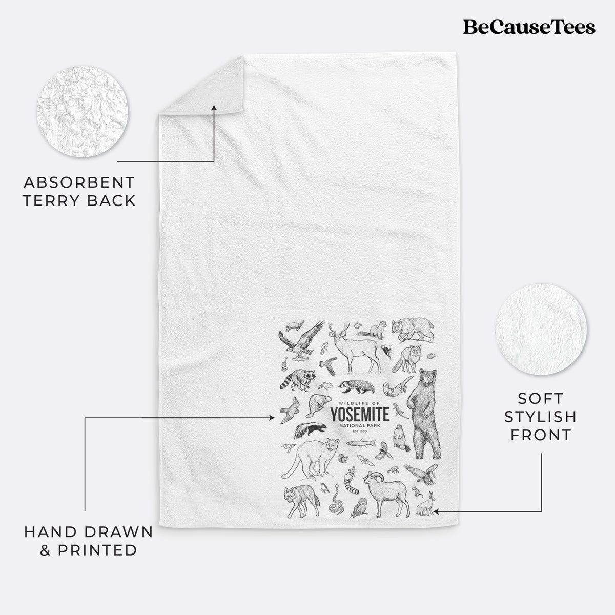 White hand towel printed with a collection of black ink wildlife illustrations surrounding the words Yosemite National Park.