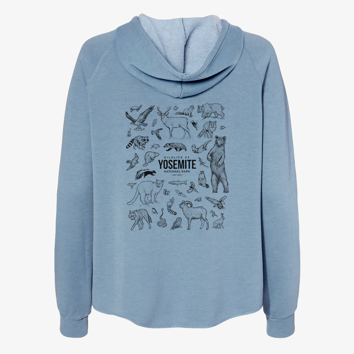 Misty blue women's Cali Wave zip-up sweatshirt laid flat, printed with a collection of black ink wildlife illustrations surrounding the words Yosemite National Park.