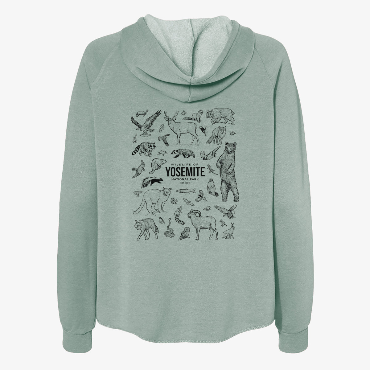 Sage green women's Cali Wave zip-up sweatshirt laid flat, printed with a collection of black ink wildlife illustrations surrounding the words Yosemite National Park.