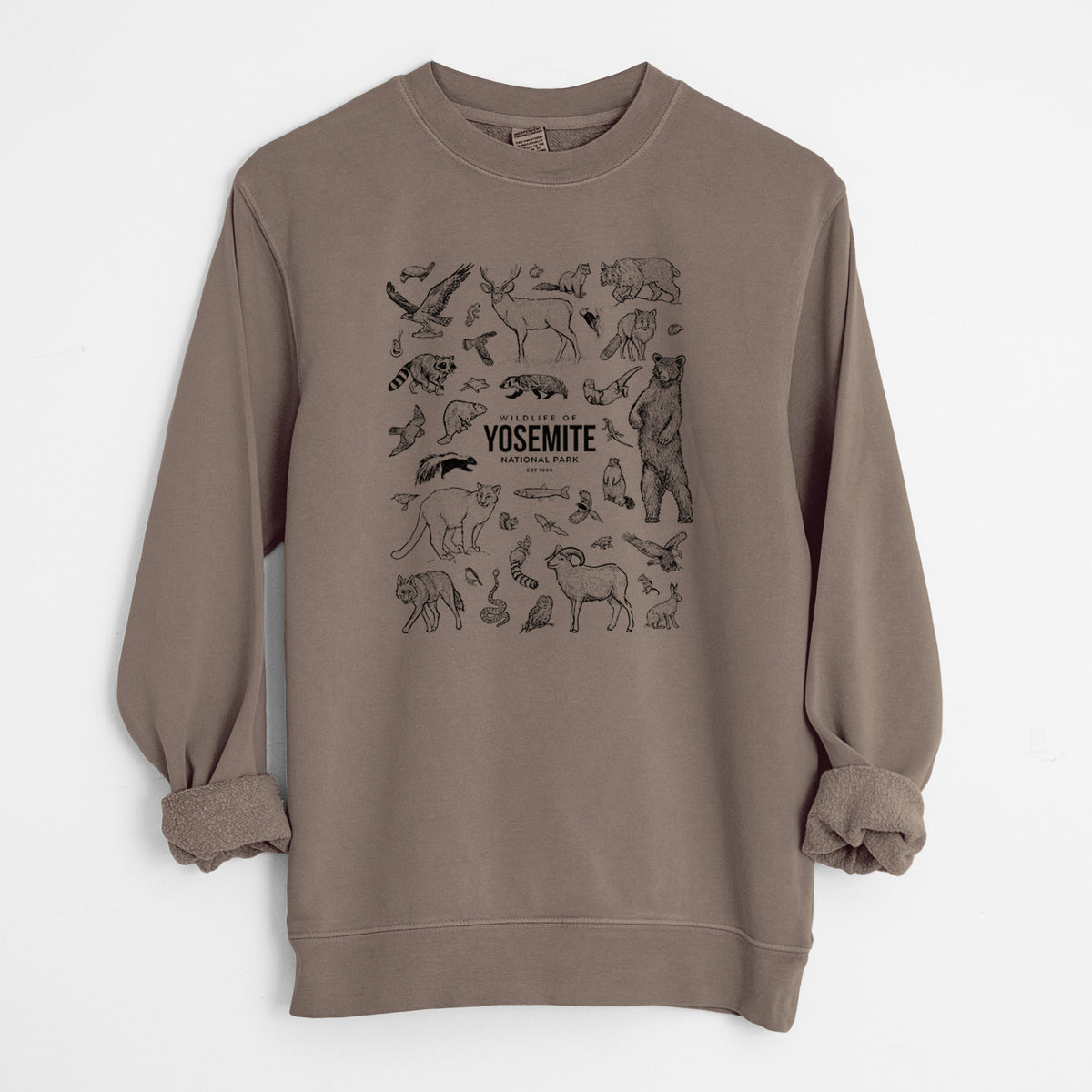 Wildlife of Yosemite National Park - Unisex Pigment Dyed Crew Sweatshirt in Espresso Brown Color