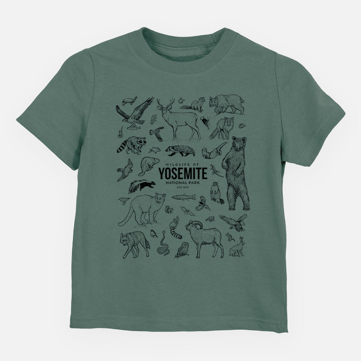 Basil green toddler t-shirt laid flat, printed with a collection of black ink wildlife illustrations surrounding the words Yosemite National Park.