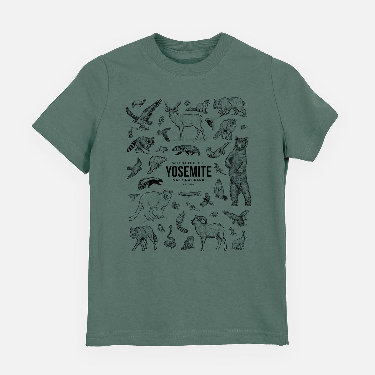 Basil green youth t-shirt laid flat, printed with a collection of black ink wildlife illustrations surrounding the words Yosemite National Park.