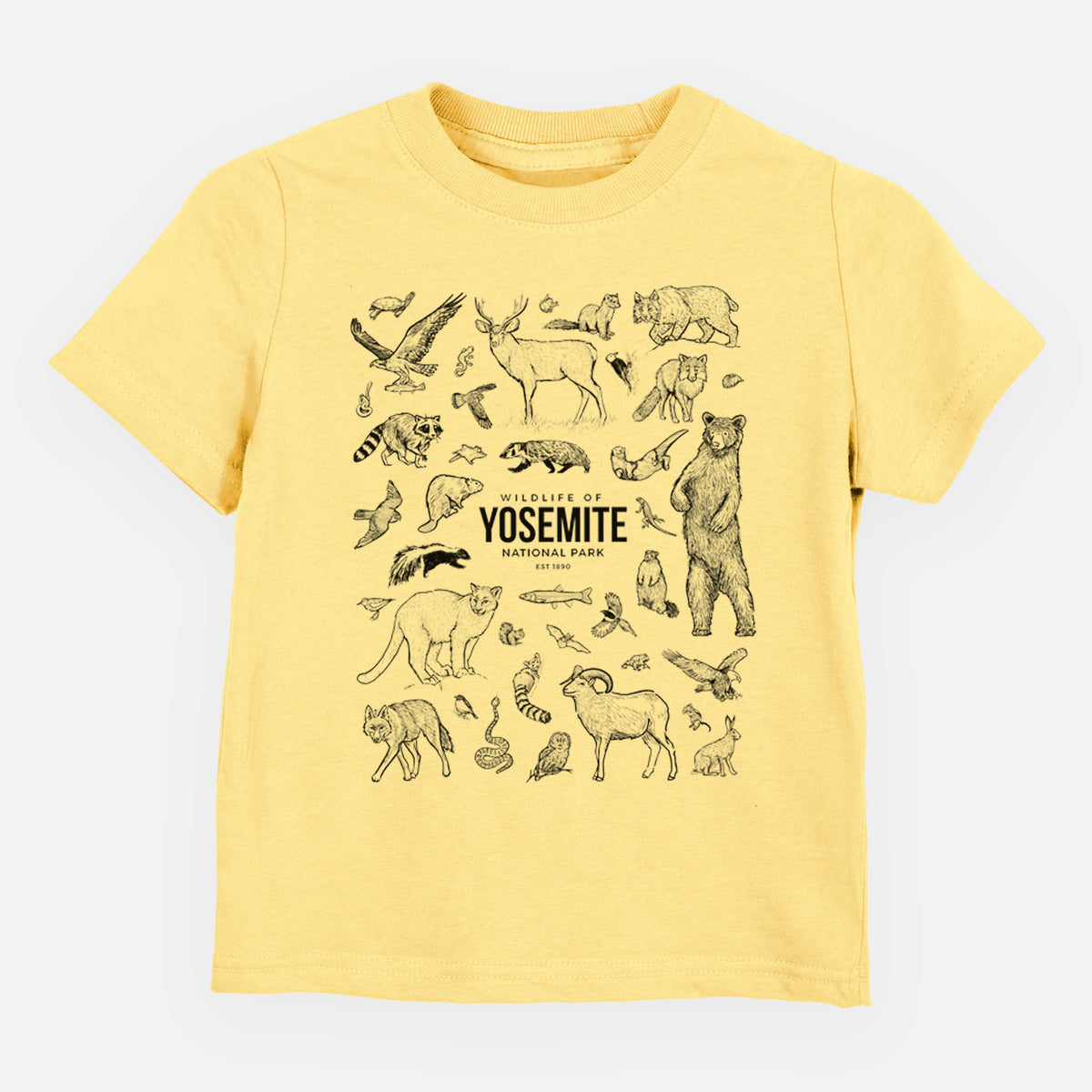 Butter yellow toddler t-shirt laid flat, printed with a collection of black ink wildlife illustrations surrounding the words Yosemite National Park.