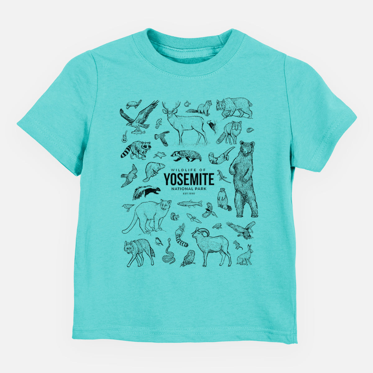 Caribbean blue toddler t-shirt laid flat, printed with a collection of black ink wildlife illustrations surrounding the words Yosemite National Park.