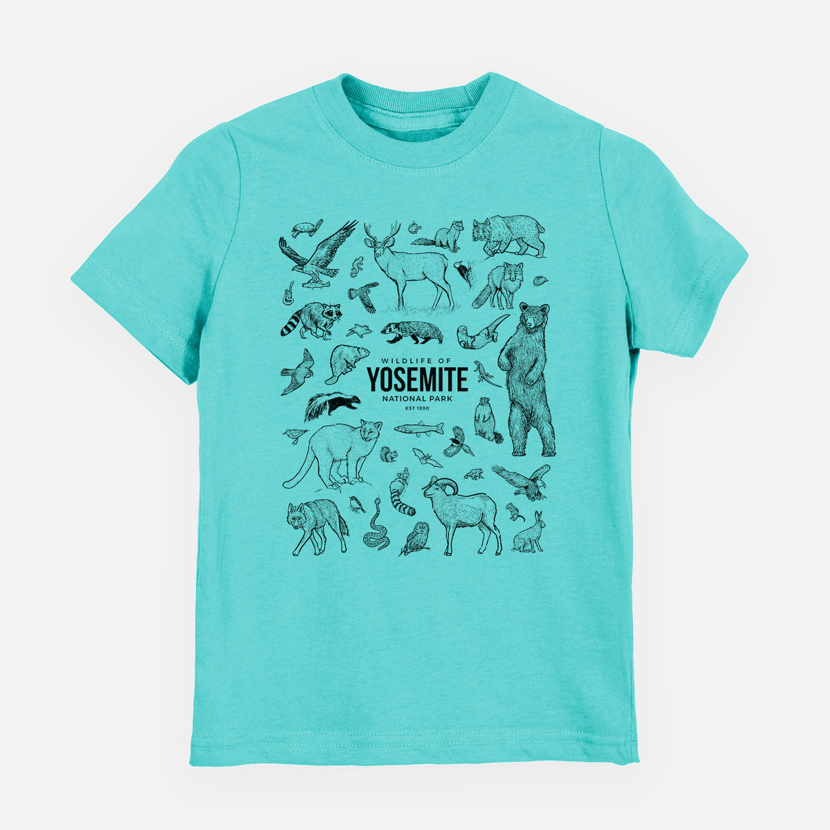 Caribbean blue youth t-shirt laid flat, printed with a collection of black ink wildlife illustrations surrounding the words Yosemite National Park.