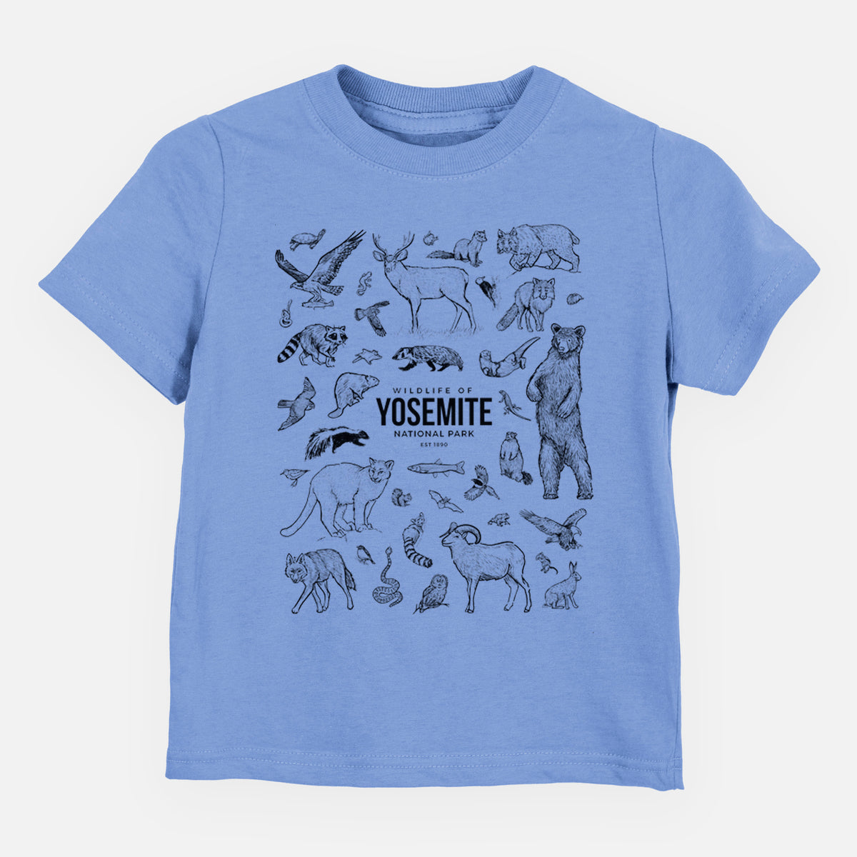 Carolina blue toddler t-shirt laid flat, printed with a collection of black ink wildlife illustrations surrounding the words Yosemite National Park.