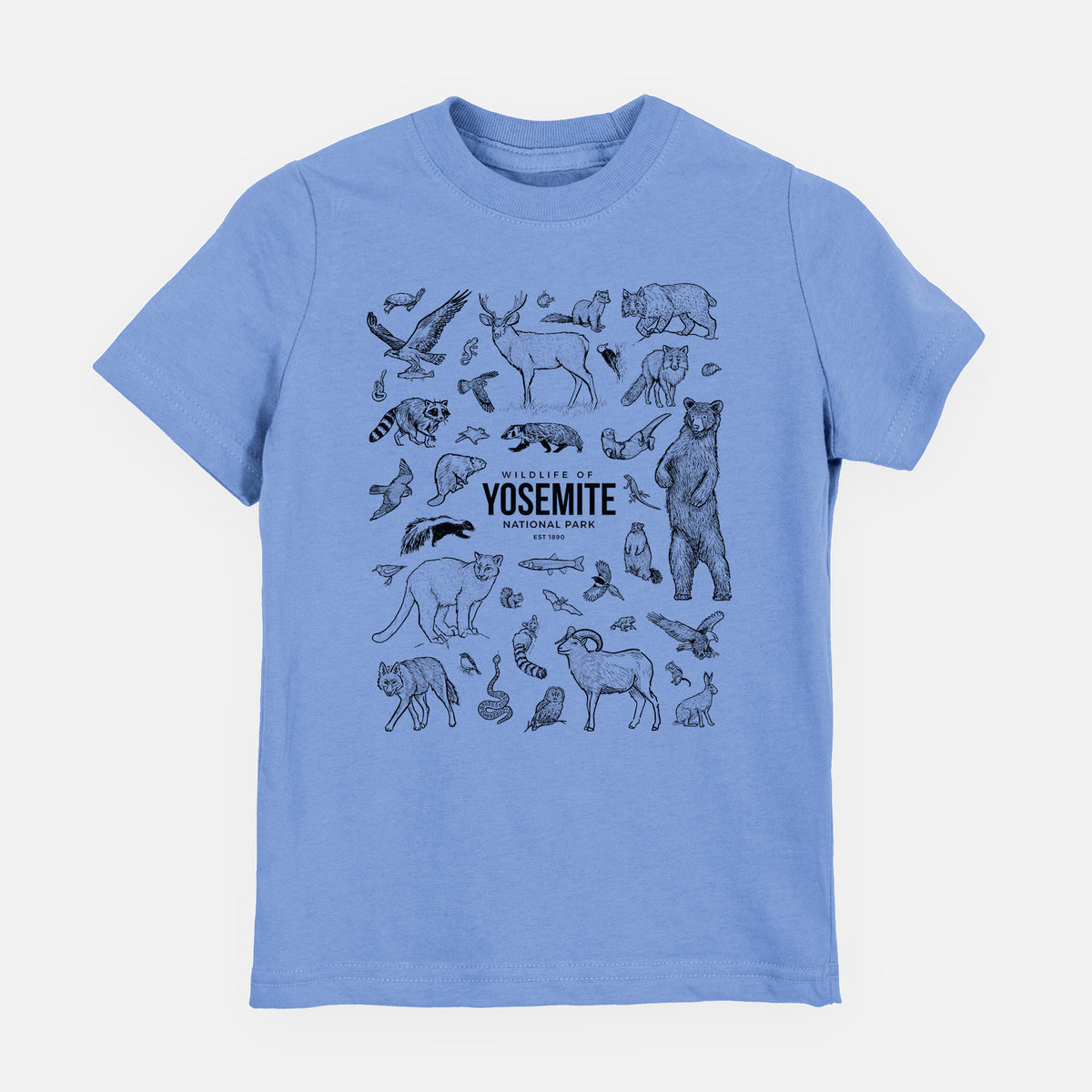 Carolina blue youth t-shirt laid flat, printed with a collection of black ink wildlife illustrations surrounding the words Yosemite National Park.