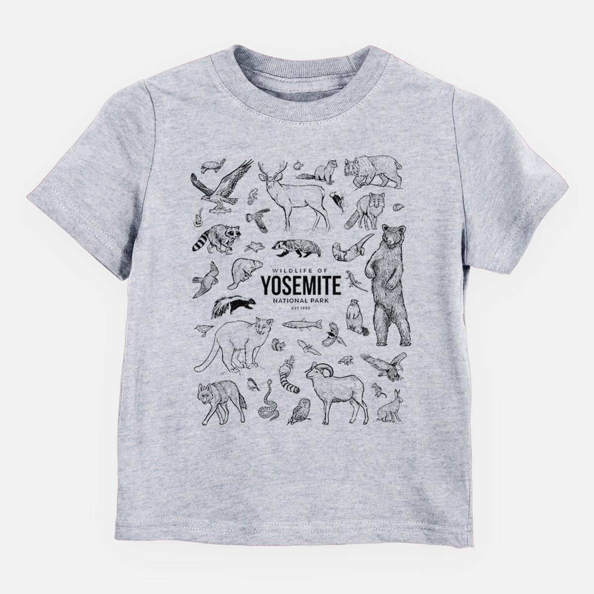 Heather grey toddler t-shirt laid flat, printed with a collection of black ink wildlife illustrations surrounding the words Yosemite National Park.