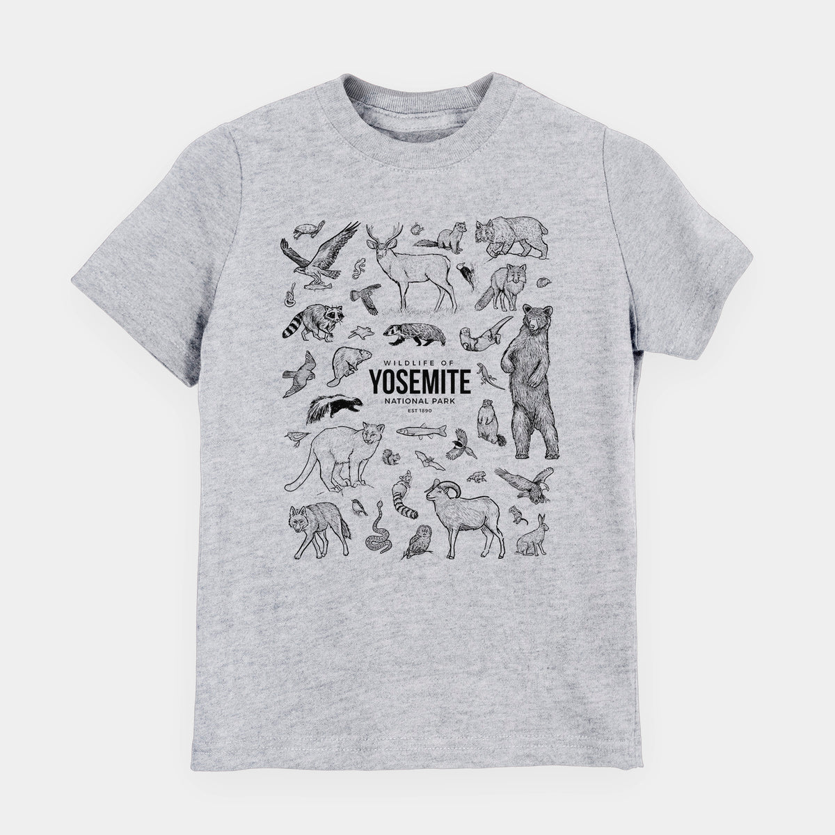 Heather grey youth t-shirt laid flat, printed with a collection of black ink wildlife illustrations surrounding the words Yosemite National Park.