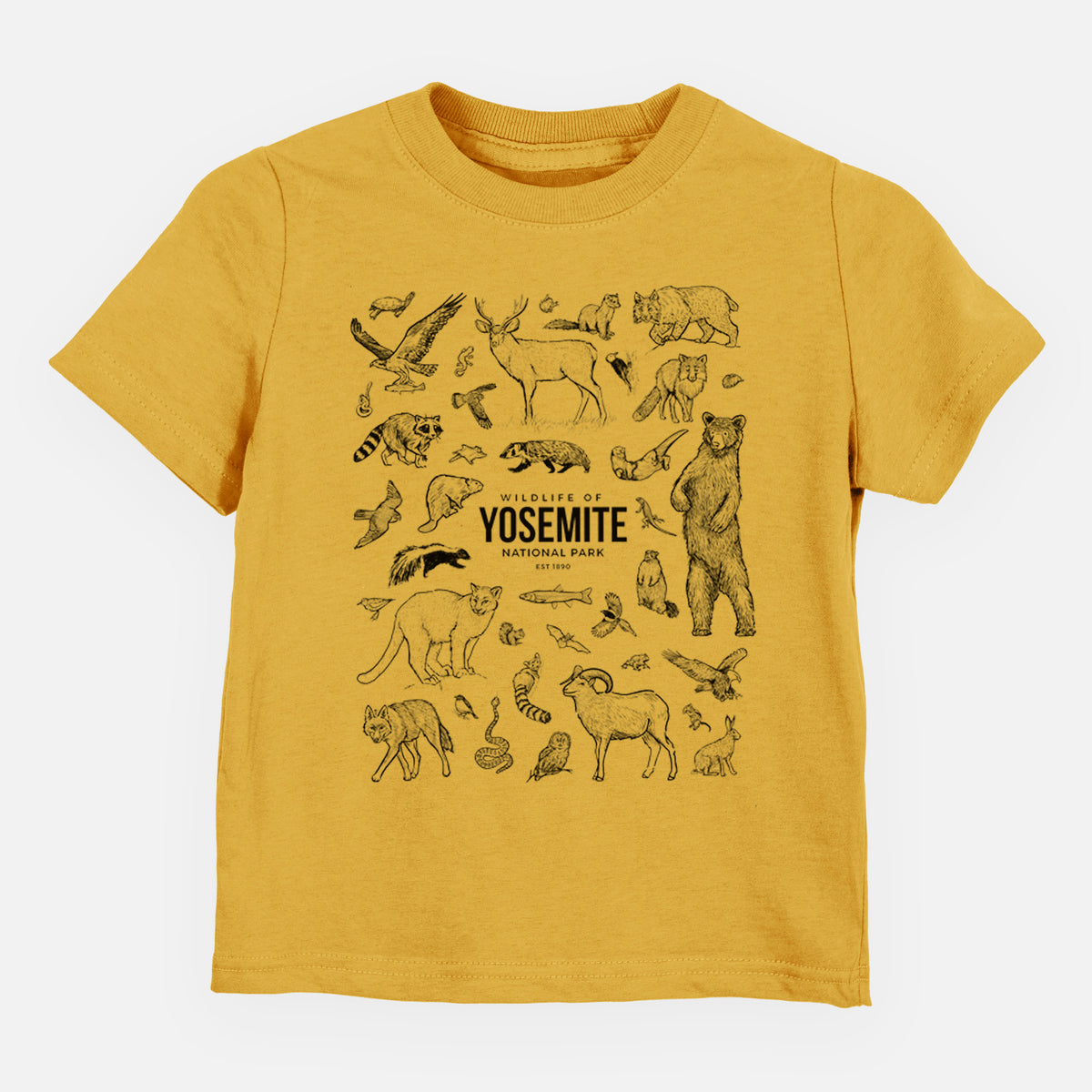 Honeycomb yellow toddler t-shirt laid flat, printed with a collection of black ink wildlife illustrations surrounding the words Yosemite National Park.