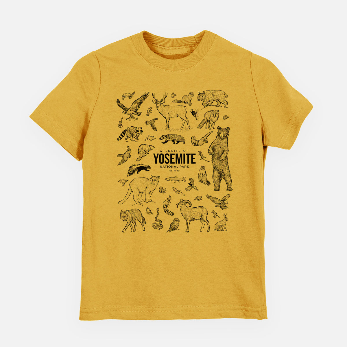 Honeycomb yellow youth t-shirt laid flat, printed with a collection of black ink wildlife illustrations surrounding the words Yosemite National Park.