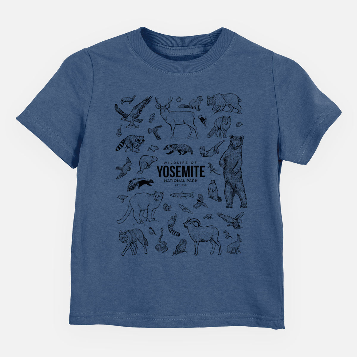 Indigo blue toddler t-shirt laid flat, printed with a collection of black ink wildlife illustrations surrounding the words Yosemite National Park.