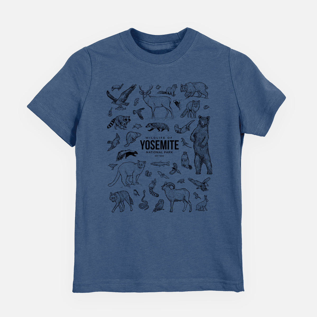 Indigo blue youth t-shirt laid flat, printed with a collection of black ink wildlife illustrations surrounding the words Yosemite National Park.