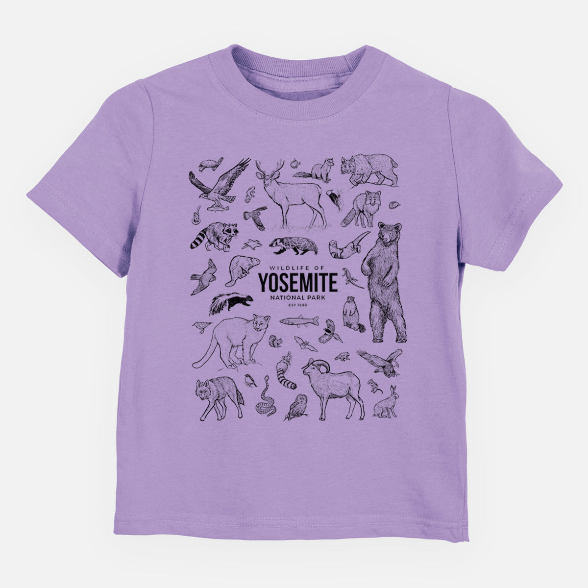 Lavender toddler t-shirt laid flat, printed with a collection of black ink wildlife illustrations surrounding the words Yosemite National Park.