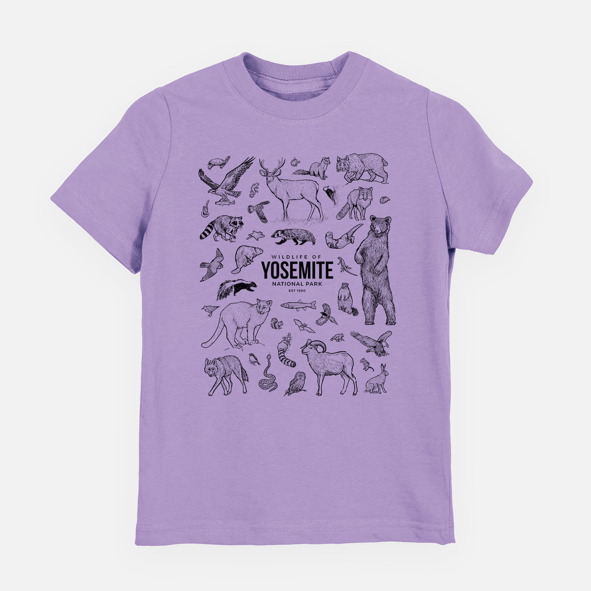Lavender youth t-shirt laid flat, printed with a collection of black ink wildlife illustrations surrounding the words Yosemite National Park.