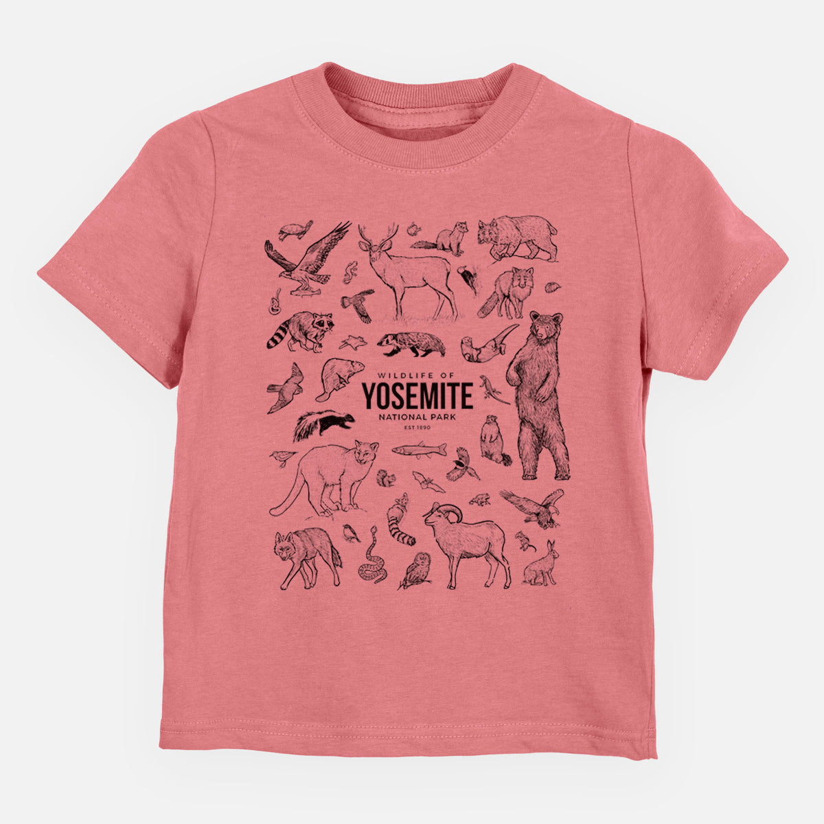 Mauve pink toddler t-shirt laid flat, printed with a collection of black ink wildlife illustrations surrounding the words Yosemite National Park.