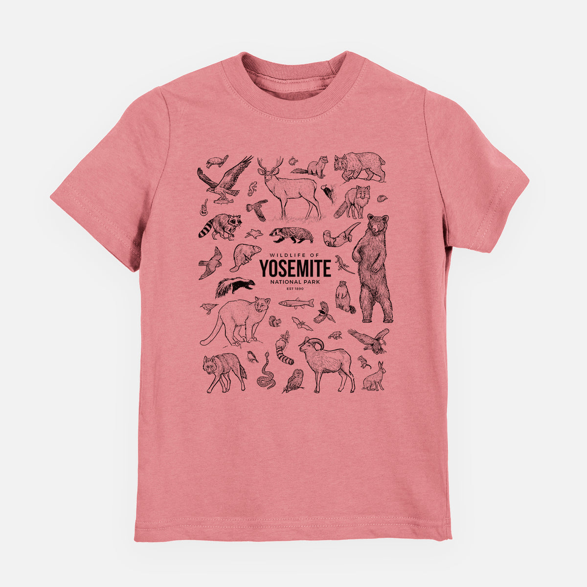Mauve pink youth t-shirt laid flat, printed with a collection of black ink wildlife illustrations surrounding the words Yosemite National Park.