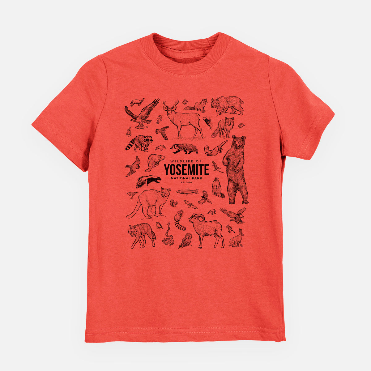 Passionfruit pink youth t-shirt laid flat, printed with a collection of black ink wildlife illustrations surrounding the words Yosemite National Park.