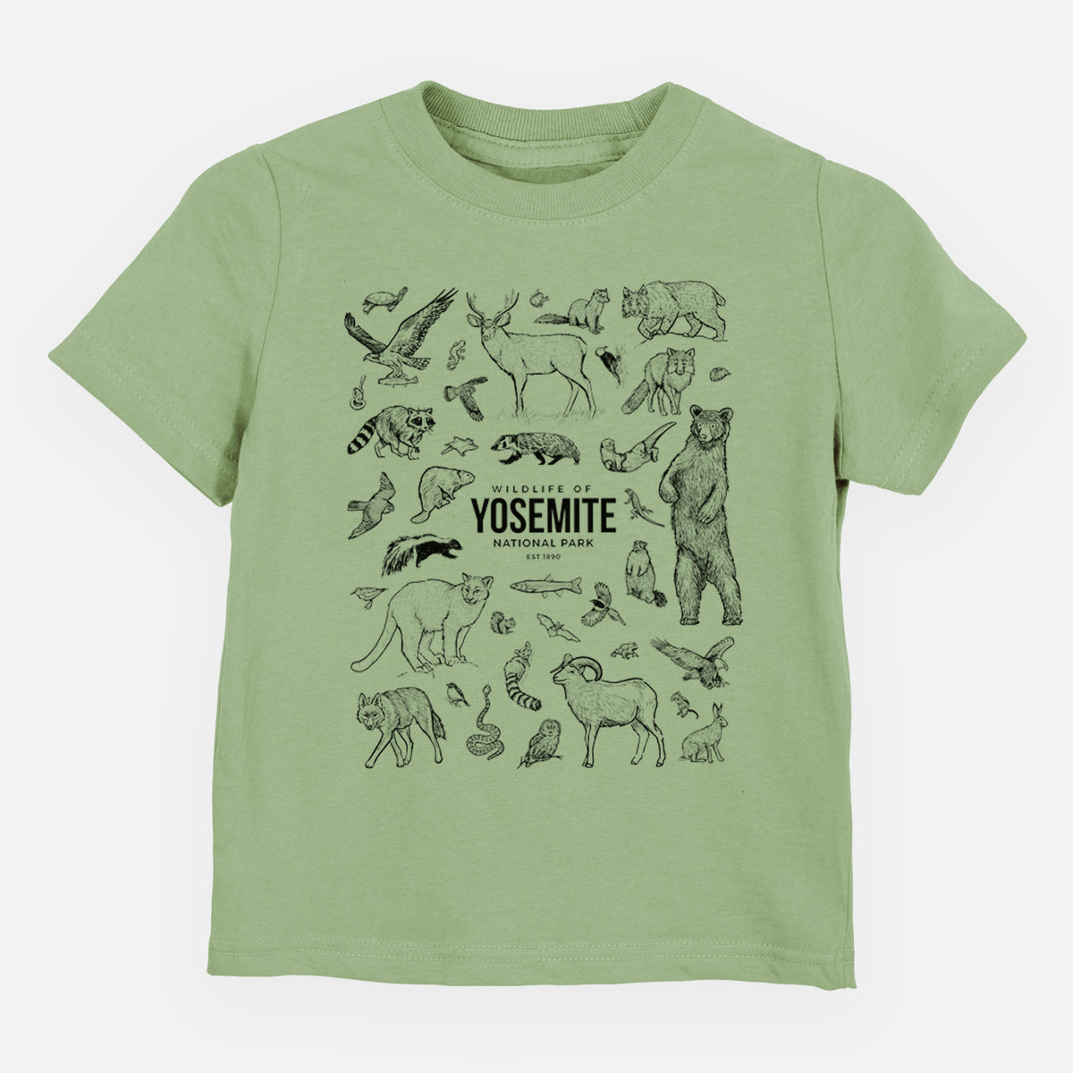 Sage green toddler t-shirt laid flat, printed with a collection of black ink wildlife illustrations surrounding the words Yosemite National Park.