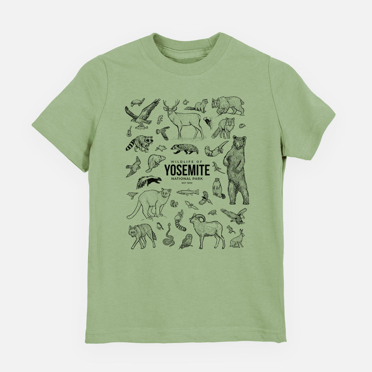 Sage green youth t-shirt laid flat, printed with a collection of black ink wildlife illustrations surrounding the words Yosemite National Park.