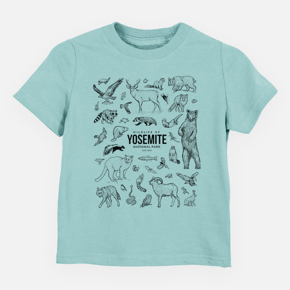 Saltwater toddler t-shirt laid flat, printed with a collection of black ink wildlife illustrations surrounding the words Yosemite National Park.