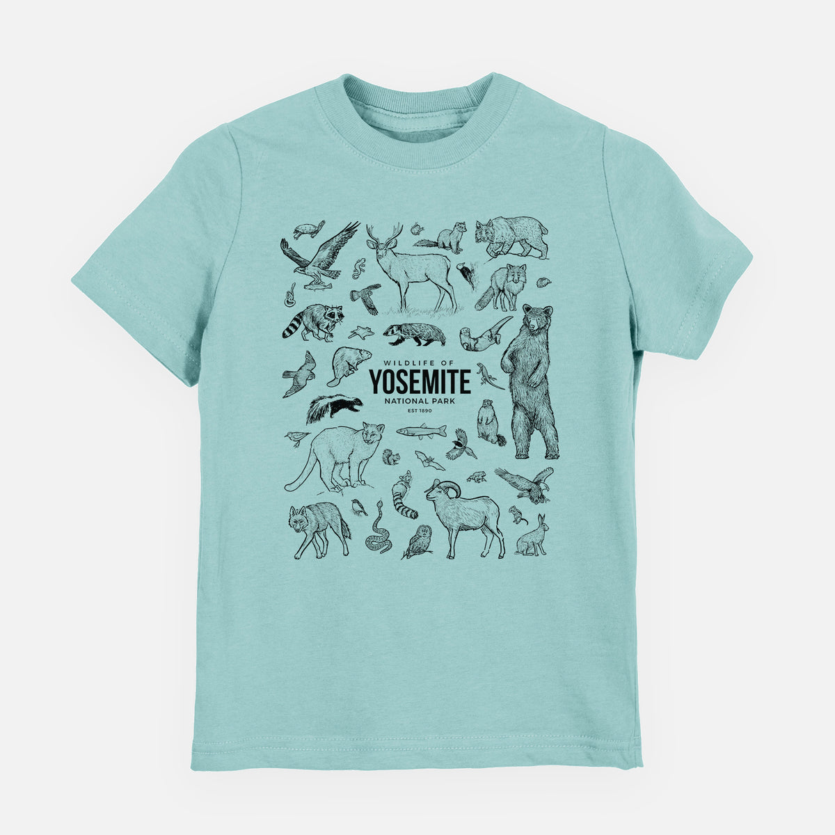 Saltwater youth t-shirt laid flat, printed with a collection of black ink wildlife illustrations surrounding the words Yosemite National Park.