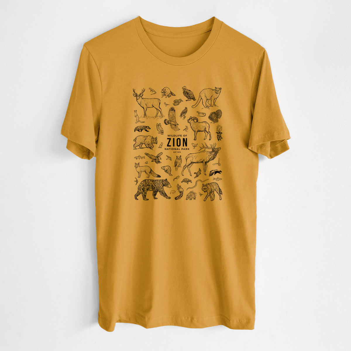 Honeycomb yellow lightweight cotton t-shirt laid flat, printed with a collection of black ink wildlife illustrations surrounding the words Zion National Park.