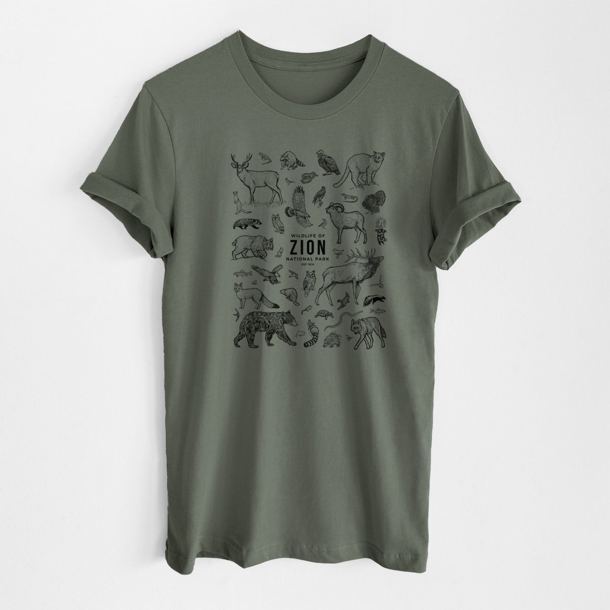 Military green lightweight cotton t-shirt laid flat, printed with a collection of black ink wildlife illustrations surrounding the words Zion National Park.