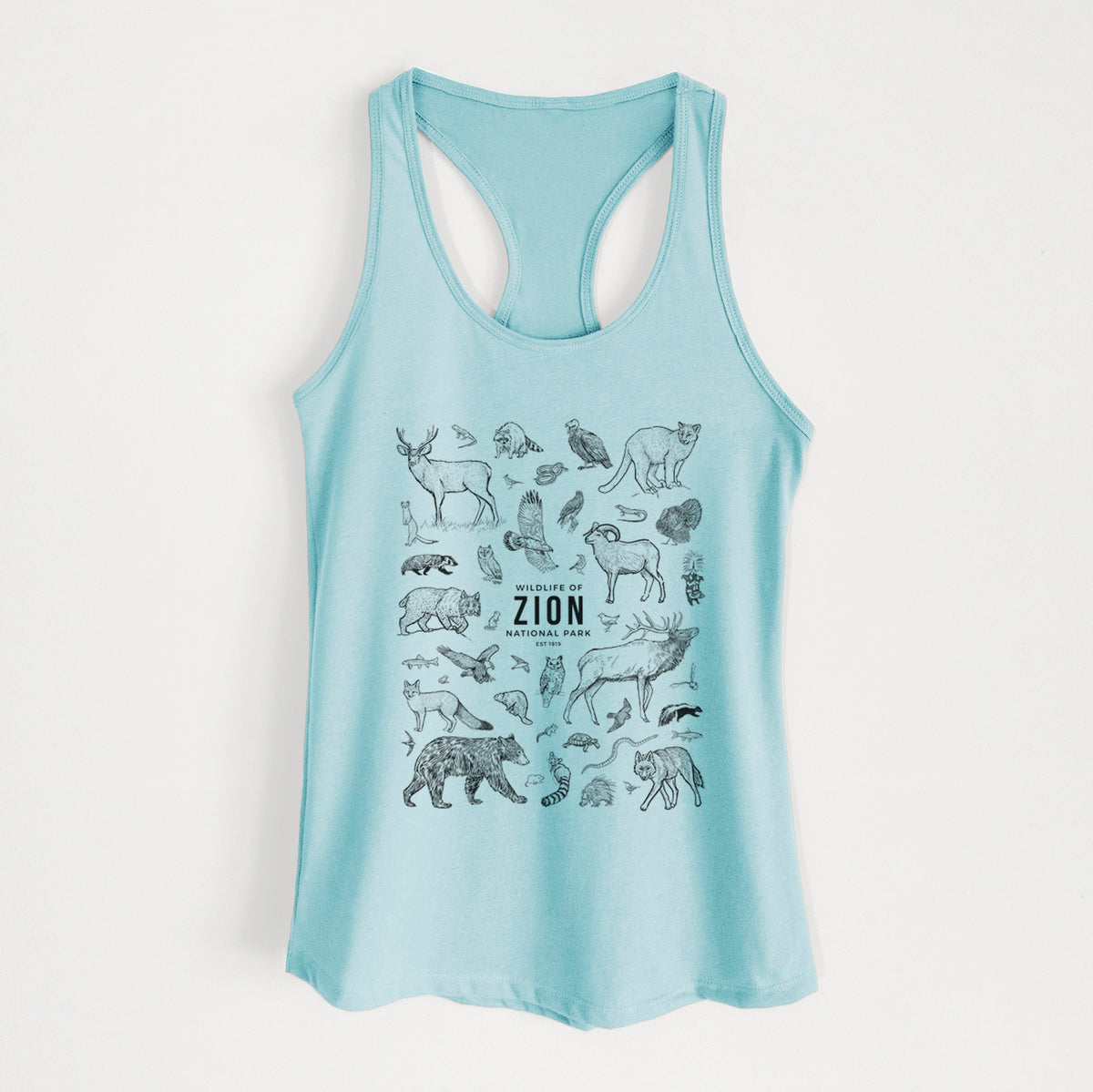 Cancun blue women's racerback tank top laid flat, printed with a collection of black ink wildlife illustrations surrounding the words Zion National Park.