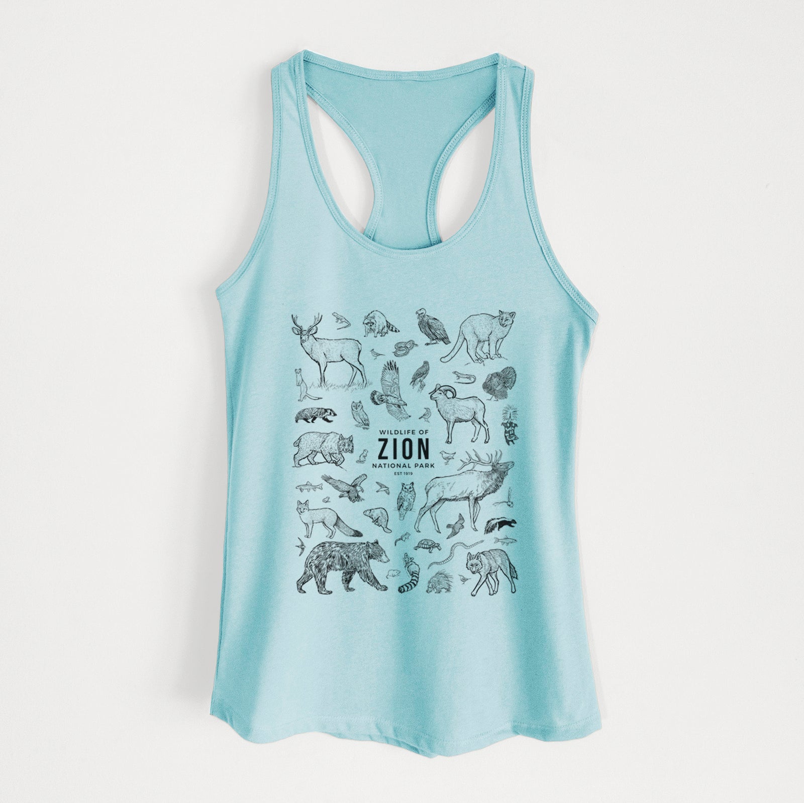 Banana cream women's racerback tank top laid flat, printed with a collection of black ink wildlife illustrations surrounding the words Zion National Park.