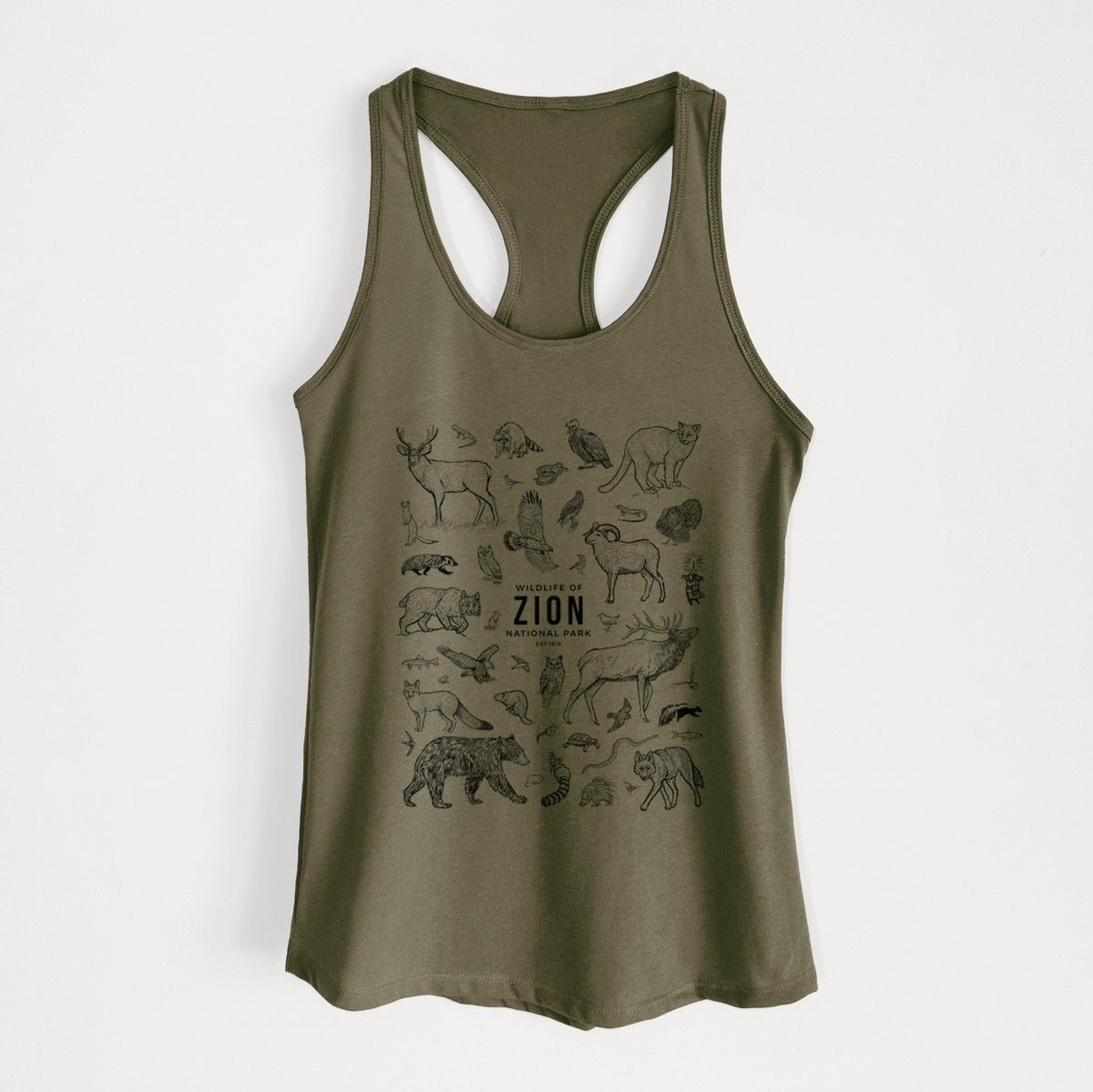 Military green women's racerback tank top laid flat, printed with a collection of black ink wildlife illustrations surrounding the words Zion National Park.