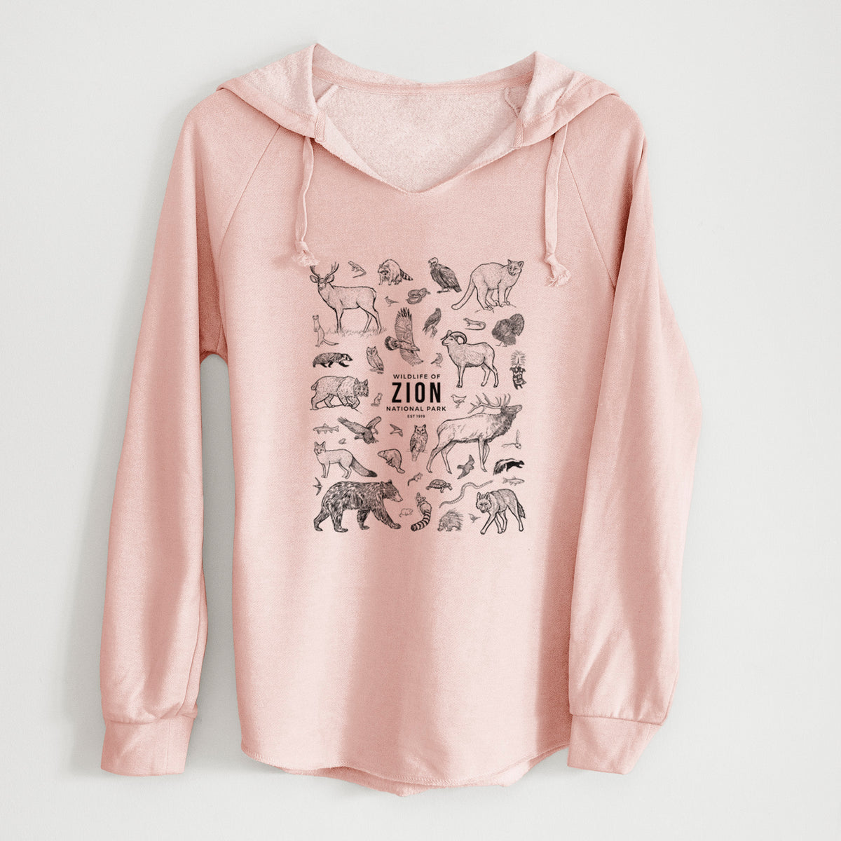Blush pink women's Cali Wave hooded sweatshirt laid flat, printed with a collection of black ink wildlife illustrations surrounding the words Zion National Park.