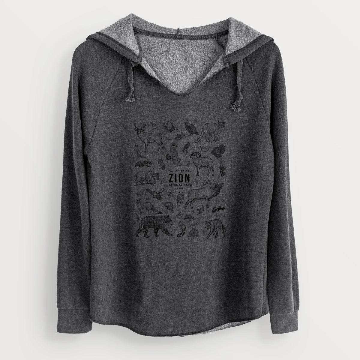 Charcoal grey women's Cali Wave hooded sweatshirt laid flat, printed with a collection of black ink wildlife illustrations surrounding the words Zion National Park.