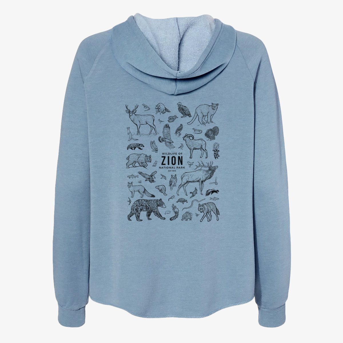 Misty blue women's Cali Wave zip-up sweatshirt laid flat, printed with a collection of black ink wildlife illustrations surrounding the words Zion National Park.