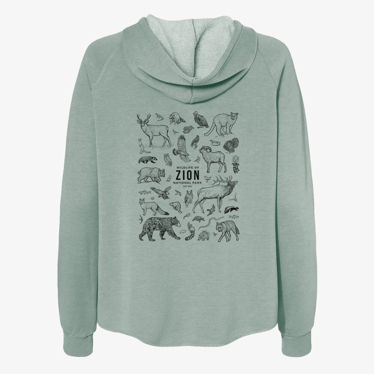Sage green women's Cali Wave zip-up sweatshirt laid flat, printed with a collection of black ink wildlife illustrations surrounding the words Zion National Park.