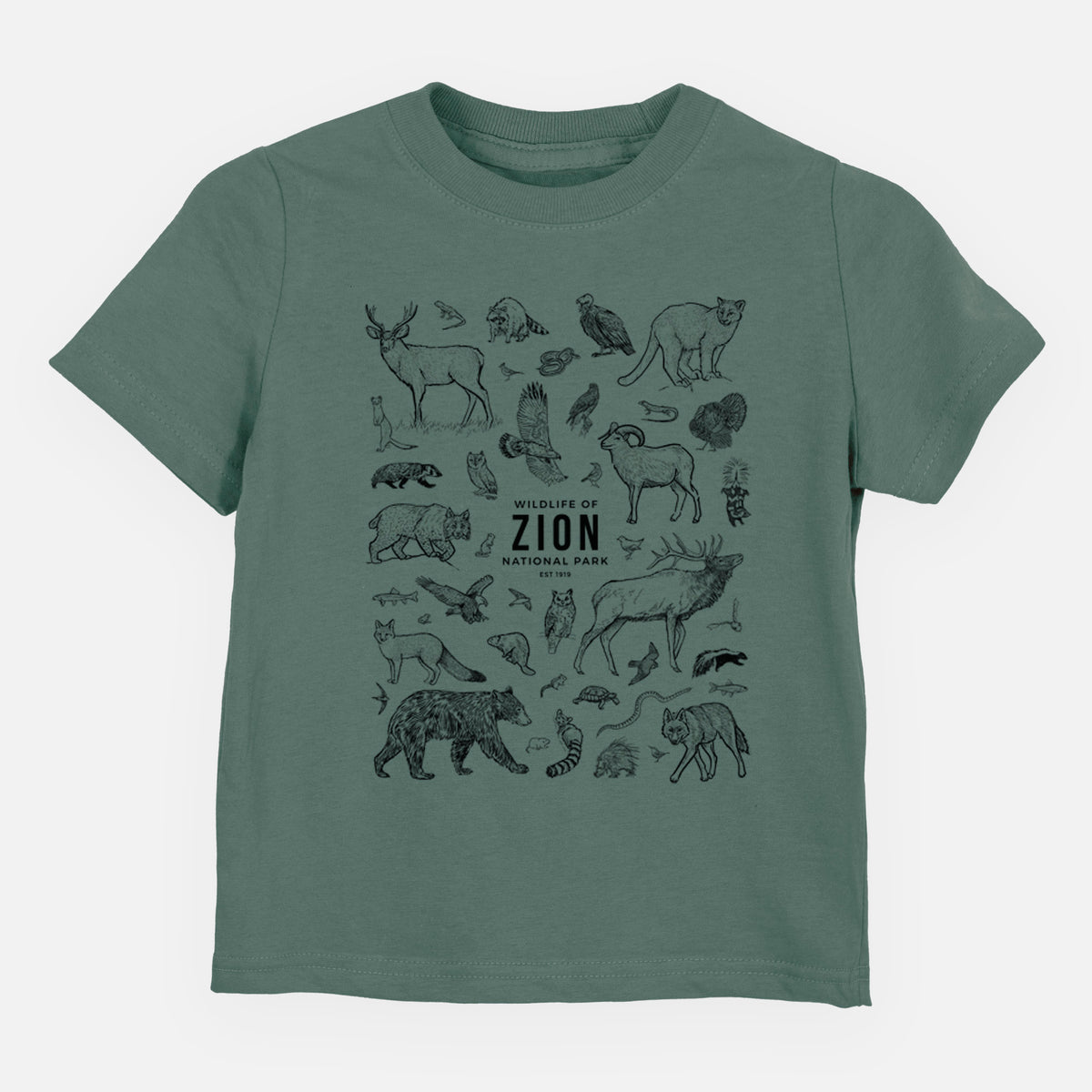 Basil green toddler t-shirt laid flat, printed with a collection of black ink wildlife illustrations surrounding the words Zion National Park.