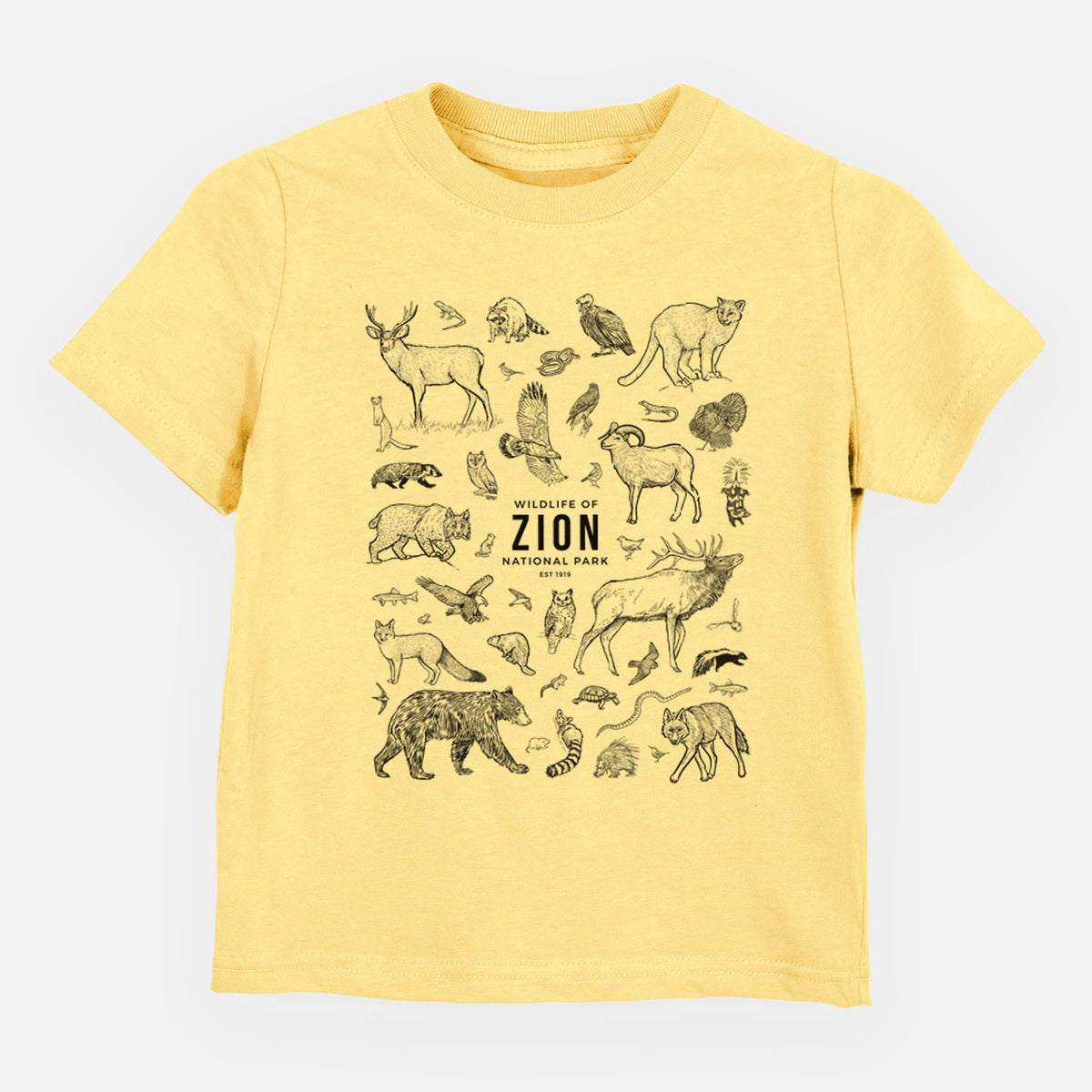 Butter yellow toddler t-shirt laid flat, printed with a collection of black ink wildlife illustrations surrounding the words Zion National Park.