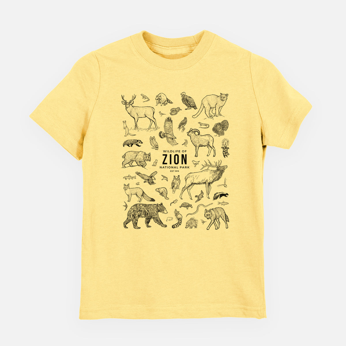 Butter yellow youth t-shirt laid flat, printed with a collection of black ink wildlife illustrations surrounding the words Zion National Park.